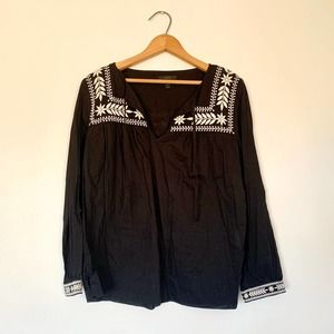 J. Crew Black Embroidered V-Neck Blouse Small